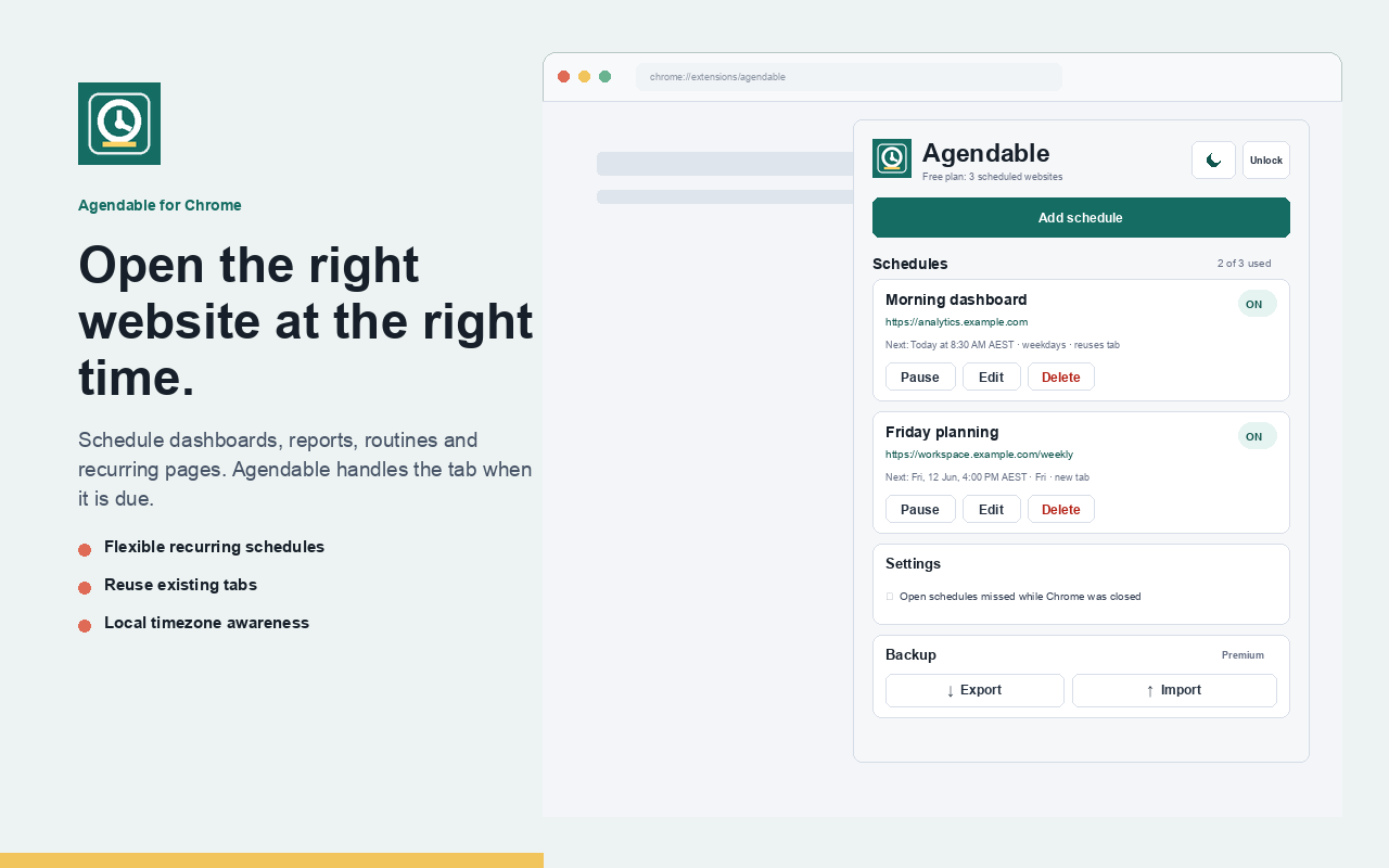 Agendable extension showing scheduled websites in Chrome