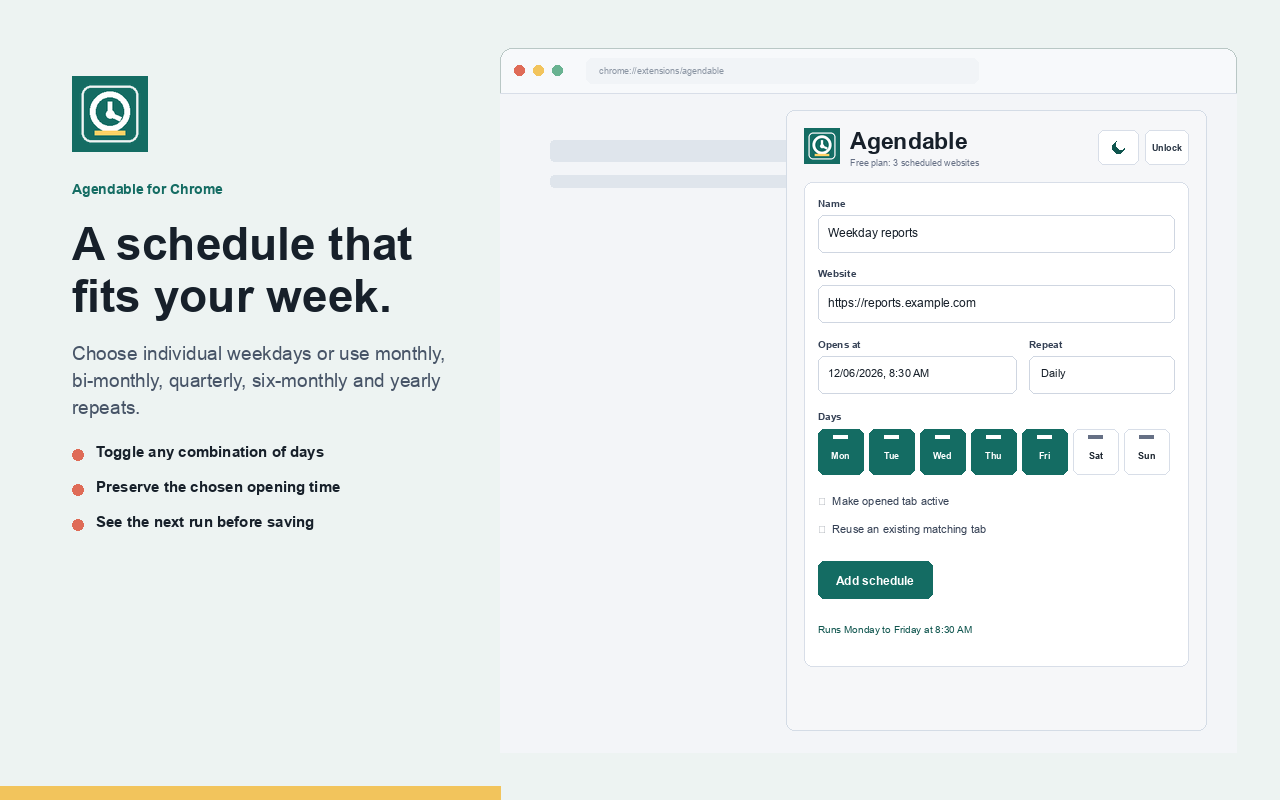Agendable repeat schedule editor with weekday controls