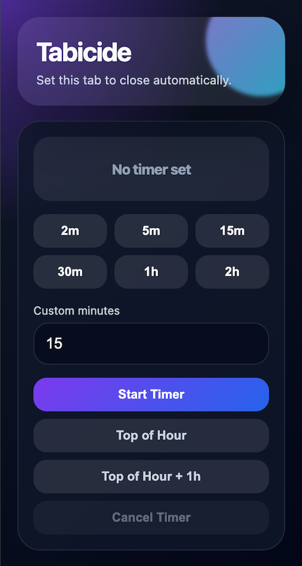 Tabicide timer controls for automatically closing a Chrome tab