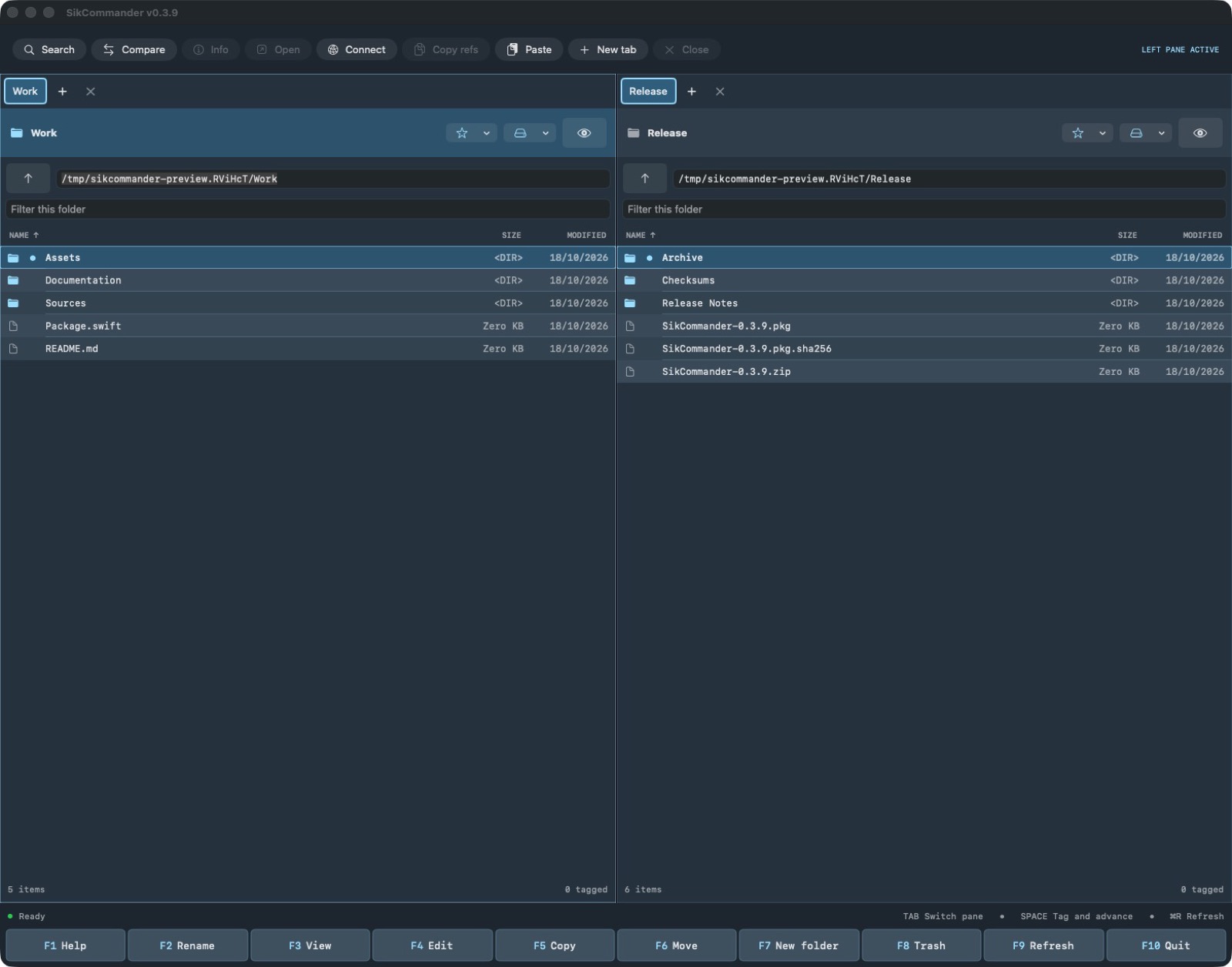 SikCommander showing two file-browser panes in the Arctic Night theme