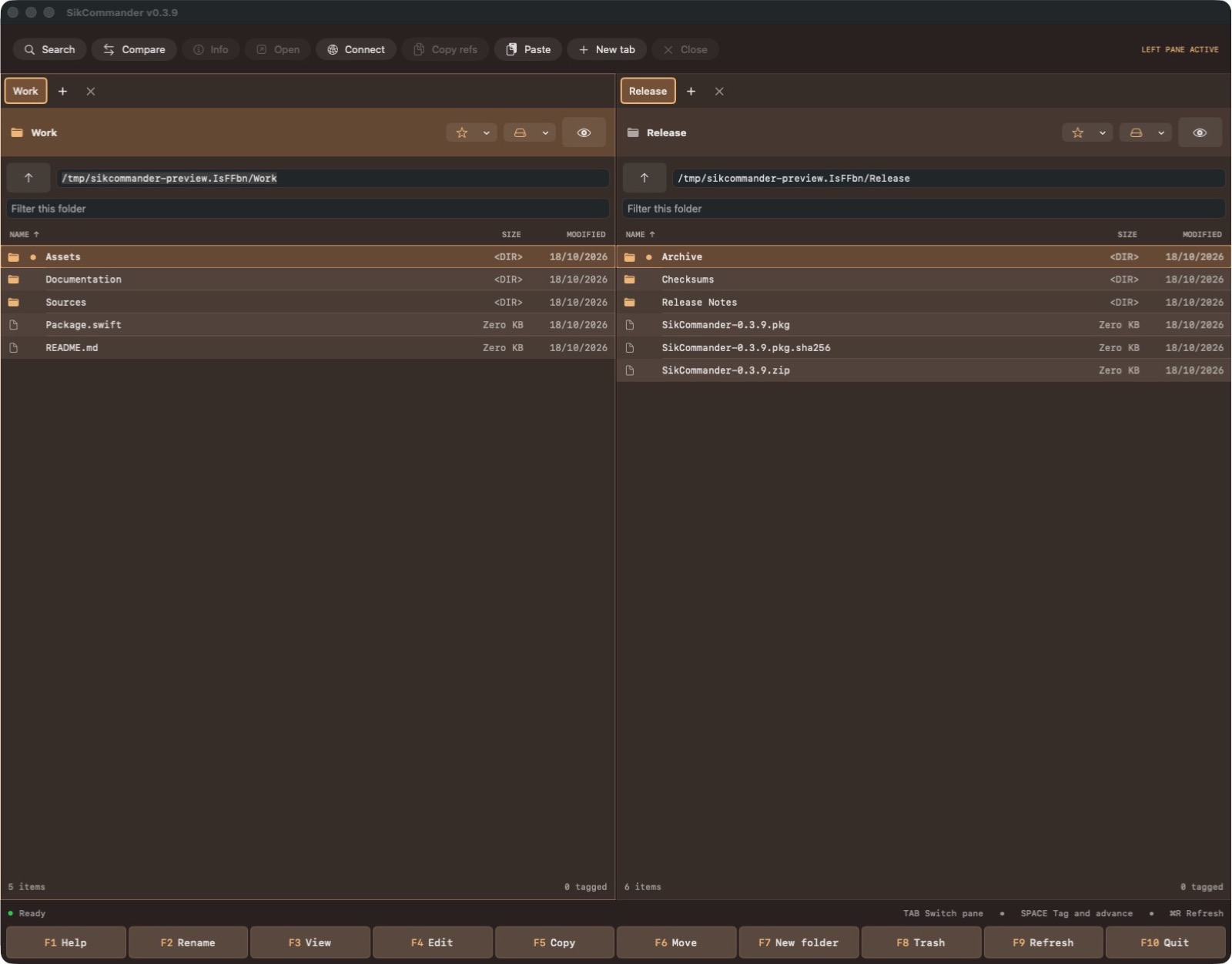 SikCommander showing two file-browser panes in the Cappuccino theme