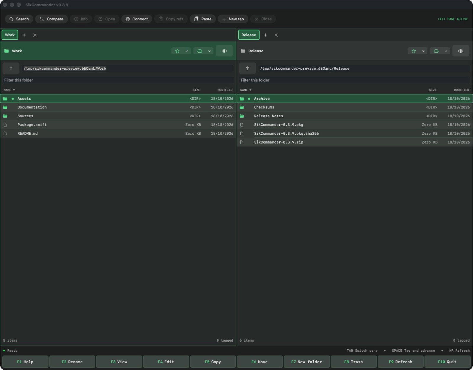 SikCommander showing two file-browser panes in the Graphite and Green theme
