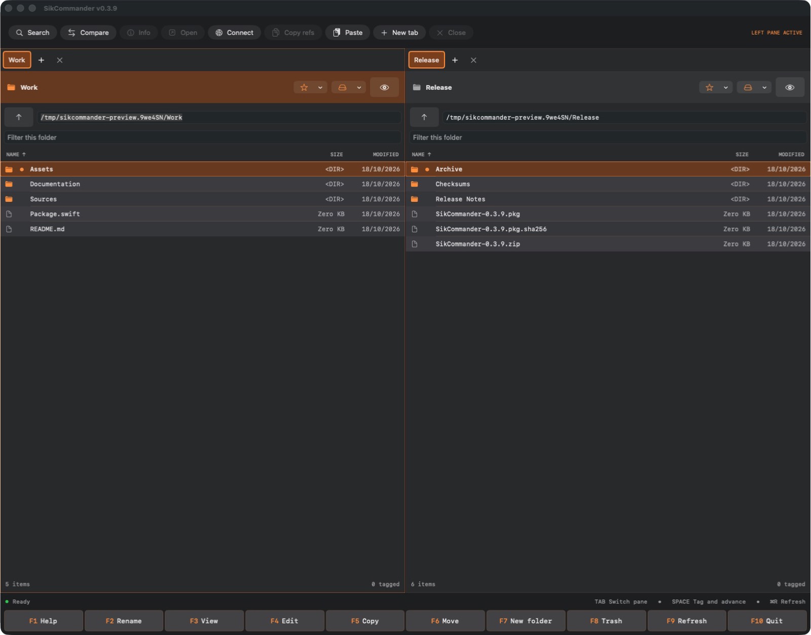 SikCommander showing two file-browser panes in the Graphite and Orange theme